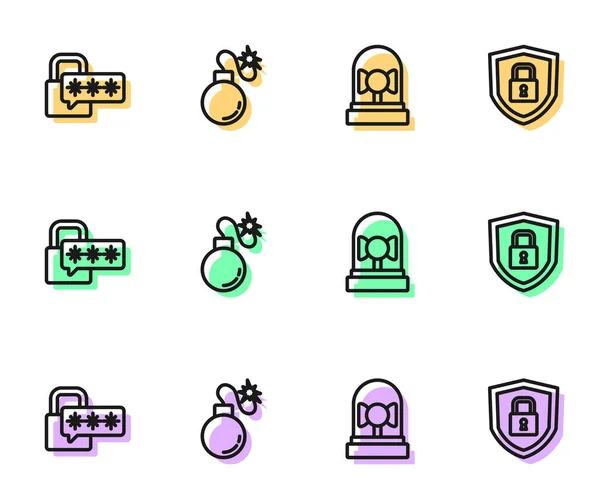 Set line Ringing alarm bell, Cyber security, Bomb and Shield with lock icon. Vector — 图库矢量图片