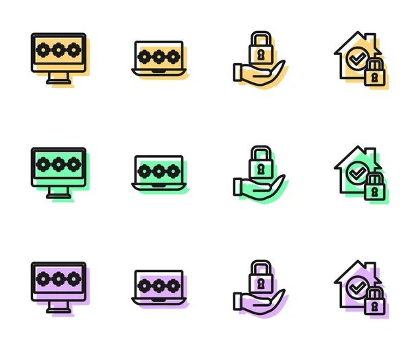 Set line Lock, Monitor with password, Laptop and House under protection icon. Vector — Archivo Imágenes Vectoriales