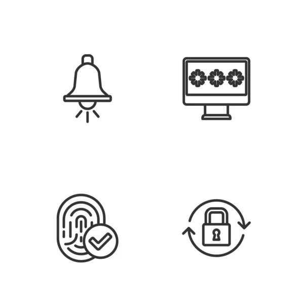 Set line Lock, Fingerprint, Ringing alarm bell and Monitor with password icon. Vector — Stockvektor