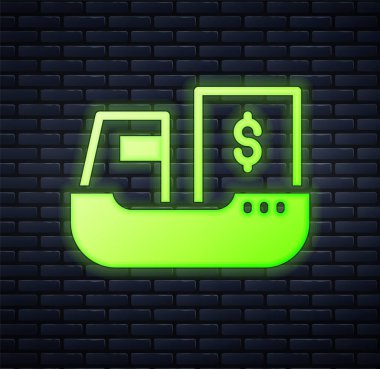 Parlayan neon kargo gemisi tuğla duvar arkasında izole edilmiş kutu servis ikonu ile. Teslimat, ulaşım. Paketleri, kutuları, malları olan bir şilep. Vektör