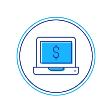 Beyaz arka planda izole edilmiş dolar simgesiyle dolu bir dizüstü bilgisayar. Dünyanın her yerine para göndermek, para transferi, online bankacılık, finansal işlemler. Vektör