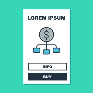 Finansal hiyerarşi ikonunun tepesindeki Dollar ana hatlarıyla doldurulmuş turkuaz arka planda izole edilmiş. Vektör.