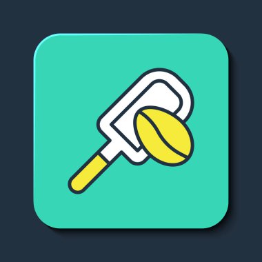 Filled outline Spatula with coffee grain icon isolated on blue background. Coffee beans. Turquoise square button. Vector.