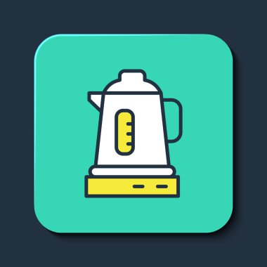 Doldurulmuş elektrik ısıtıcısı simgesi mavi arkaplanda izole edildi. Çaydanlık ikonu. Turkuaz kare düğme. Vektör.