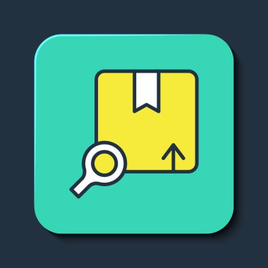 Filled outline Search package icon isolated on blue background. Parcel tracking symbol. Magnifying glass and cardboard box. Logistic and delivery. Turquoise square button. Vector.