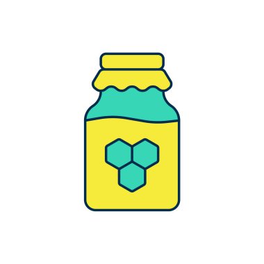 Beyaz arkaplanda izole edilmiş bal ikonu ana hatlarıyla dolu kavanoz. Yiyecek bankası. Tatlı doğal gıda sembolü. Vektör.