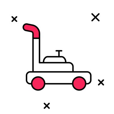 Doldurulmuş çim biçme makinesi simgesi beyaz arkaplanda izole edildi. Çim biçme makinesi çim biçiyor. Vektör.