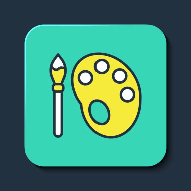 Mavi arkaplanda izole edilmiş palet simgesiyle ana hatlı boya fırçası. Turkuaz kare düğme. Vektör