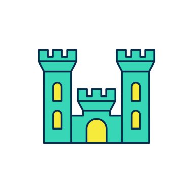 Beyaz arkaplanda izole edilmiş ana hatlı Castle simgesi. Kulesi olan bir ortaçağ kalesi. Düşmanlardan koruma. Şehrin güvenilirliği ve savunması. Vektör