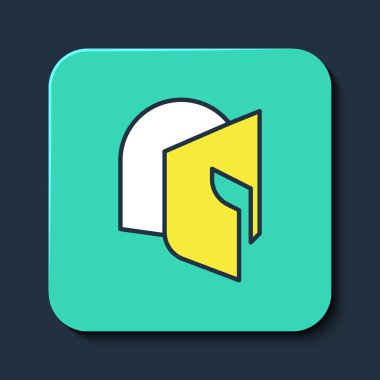 Mavi arka planda izole edilmiş baş koruma ikonu için ortaçağ demir miğferi doldurulmuş. Şövalye miğferi Turkuaz kare düğme. Vektör