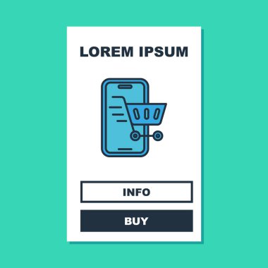 Doldurulmuş cep telefonu ve alışveriş arabası simgesi turkuaz arka planda izole edilmiş. İnternetten satın alma sembolü. Süpermarket sepeti sembolü. Vektör