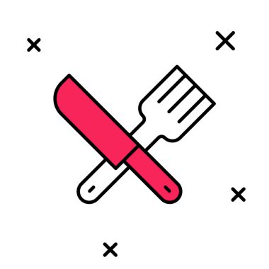 Doldurulmuş çizgili bıçak ve çatal simgesi beyaz arka planda izole edilmiş. Çatal bıçak sembolü. Vektör