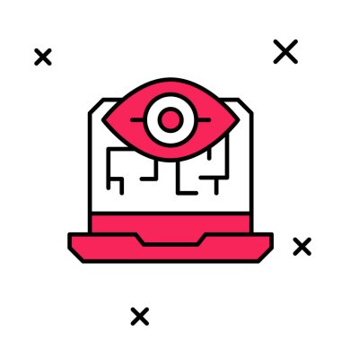 Doldurulmuş ana hatlı Bilgisayar görme simgesi beyaz arkaplanda izole edildi. Teknik görüş, göz devresi, video izleme sistemi, artırılmış gerçeklik sistemleri. Vektör