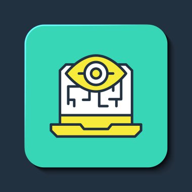 Doldurulmuş ana hatlı Bilgisayar görme simgesi mavi arkaplanda izole edildi. Teknik görüş, göz devresi, video izleme sistemi, artırılmış gerçeklik sistemleri. Turkuaz kare düğme. Vektör