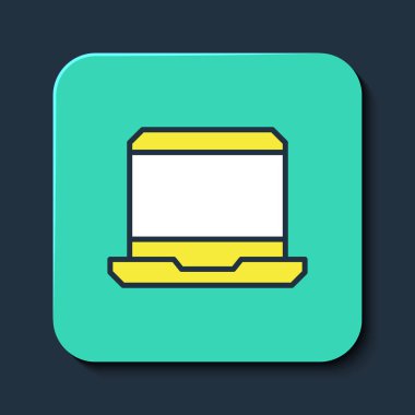 Doldurulmuş dizüstü bilgisayar simgesi mavi arkaplanda izole edildi. Boş ekran işaretli bilgisayar defteri. Turkuaz kare düğme. Vektör