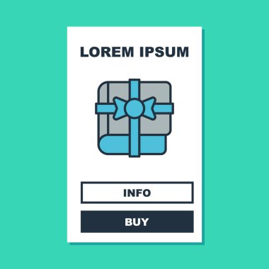 Turkuaz arka planda izole edilmiş bir hediye simgesi olarak ana hatları doldurulmuş Kitap. Vektör