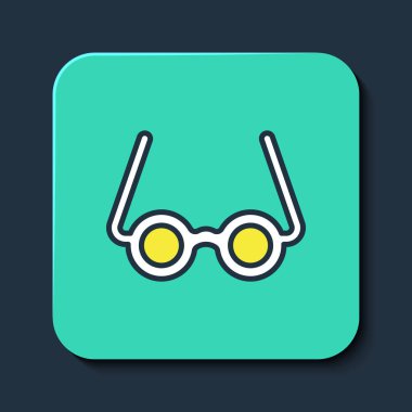 Doldurulmuş Gözlük simgesi mavi arkaplanda izole edildi. Gözlük çerçevesi sembolü. Turkuaz kare düğme. Vektör