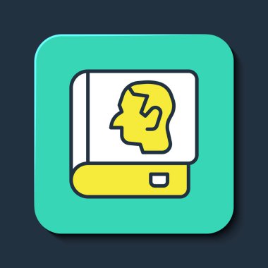 Mavi arkaplanda izole edilmiş ana hatlı hukuk kitabı simgesi. Yasal yargıç kitabı. Yargılama kavramı. Turkuaz kare düğme. Vektör