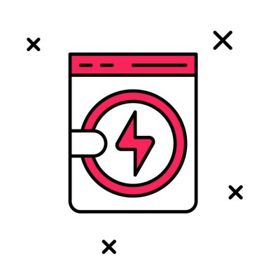 Beyaz arkaplanda izole edilmiş ana hatlı çamaşır makinesi simgesi. Çamaşır makinesi simgesi. Çamaşır makinesi, çamaşır makinesi. Ev aletleri sembolü. Vektör