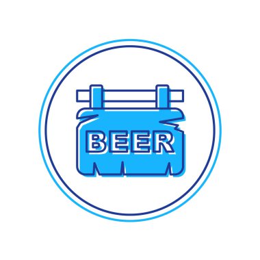 Beyaz arkaplanda izole edilmiş bira simgesi ile ana hatları doldurulmuş sokak tabelası. Reklamlar için uygun bar, kafe, bar, restoran. Vektör