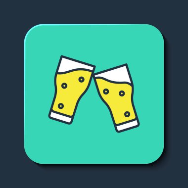 Mavi arka planda izole edilmiş bira ikonu ana hatlarıyla dolu. Turkuaz kare düğme. Vektör