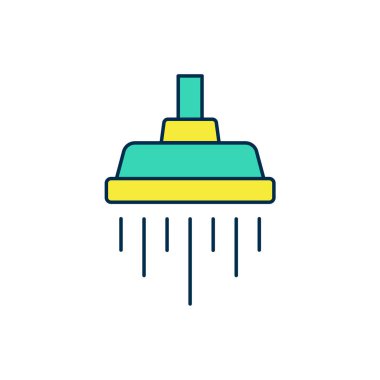 Ana hatlarıyla doldurulmuş duş başlığı beyaz arka planda izole edilmiş su damlalarıyla dolu. Vektör