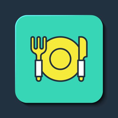 Mavi arka planda kaplama, çatal ve bıçak ikonu var. Çatal bıçak sembolü. Restoran tabelası. Turkuaz kare düğme. Vektör