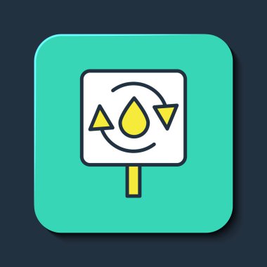 Doldurulmuş ana hatlar temiz su simgesi mavi arkaplanda izole edildi. İşaret geri dönüşümlü bir damla su. Turkuaz kare düğme. Vektör