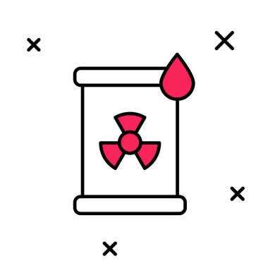 Beyaz arka planda izole edilmiş varil simgesinde radyoaktif atık var. Zehirli atık fıçısı. Radyoaktif atık emisyonları, çevre kirliliği. Vektör