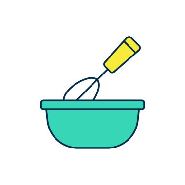 Beyaz arkaplanda izole edilmiş kase ikonu ile ana hatlarıyla pişirme çırpma fırçası. Mutfak aletleri, yumurta çırpıcı. Çatal bıçak seti. Yemek karışımı sembolü. Vektör