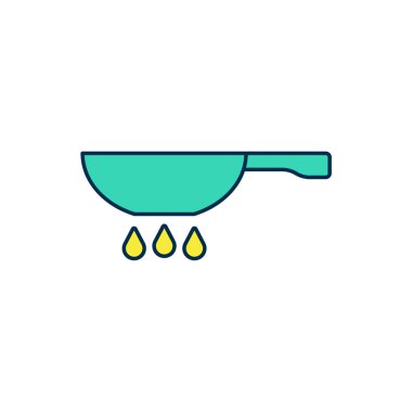 Beyaz arka planda izole edilmiş, ana hatlı, ateş ikonunda kızartma tavası. Kızartma veya kızartma gıda sembolü. Vektör