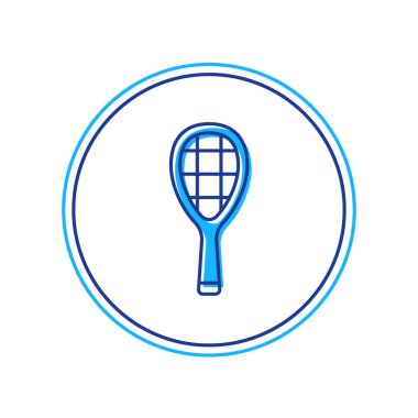 Beyaz arkaplanda izole edilmiş ana hatlı tenis raket simgesi. Spor malzemeleri. Vektör