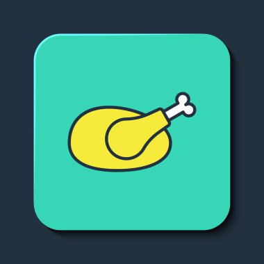 Ana hatlarıyla doldurulmuş hindi ya da mavi arka planda izole edilmiş tavuk ikonu. Turkuaz kare düğme. Vektör