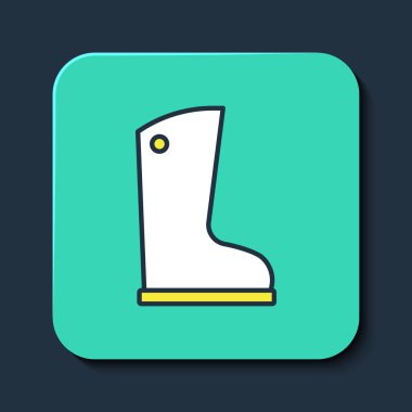 Mavi arka planda izole edilmiş su geçirmez lastik bot simgesi. Yağmurlu hava, balıkçılık, bahçe işleri için çizme. Turkuaz kare düğme. Vektör