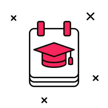 Çevrimiçi eğitim ve mezuniyet ikonu doldurulmuş beyaz arka planda izole edilmiş. İnternetteki öğretmen monitörde. Giyinme ve video semineri öğrenme. Vektör