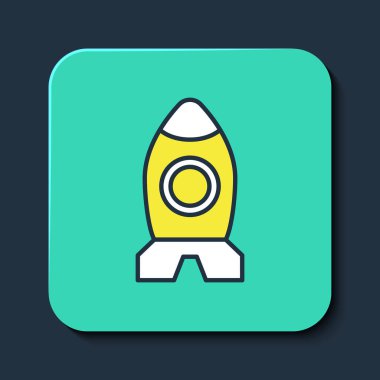 Filled outline Rocket ship toy icon isolated on blue background. Space travel. Turquoise square button. Vector