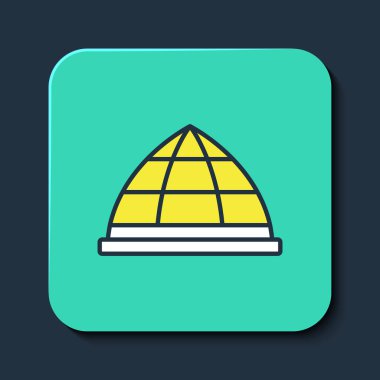 Ana hatlarıyla doldurulmuş tırmanma ekipmanı ikonu mavi arka planda izole edilmiş. Çocuk parkı tırmanışı. Turkuaz kare düğme. Vektör