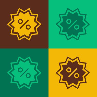 Pop art indirimli etiket simgesi renk arkaplanında izole edildi. Etiket alışverişi. Özel teklif işareti. İndirim kuponları sembolü. Vektör