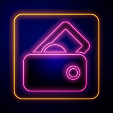Glowing neon Wallet with money icon isolated on black background. Purse icon. Cash savings symbol.  Vector