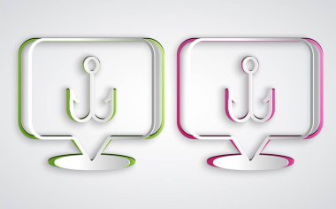 Kağıt kesiği Balık oltası simgesi gri arkaplanda izole edildi. Balık oltası. Kağıt sanatı tarzı. Vektör