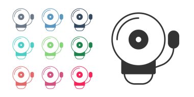 Beyaz arkaplanda siyah zil simgesi izole edildi. Yangın alarmı. Servis zili, el zili işareti, uyarı sembolü. Simgeleri renklendirin. Vektör