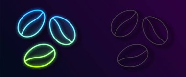 Parlayan neon hattı kahve çekirdeği ikonu siyah arka planda izole edildi. Vektör