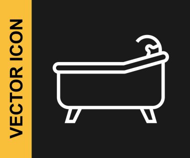 Beyaz çizgili küvet simgesi siyah arkaplanda izole edilmiş. Vektör