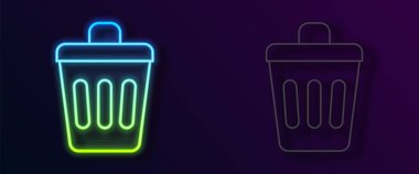 Parlayan neon hattı Çöp kutusu simgesi siyah arkaplanda izole edildi. Çöp kutusu tabelası. Sepet simgesini geri dönüştür. Ofis çöpü ikonu. Vektör