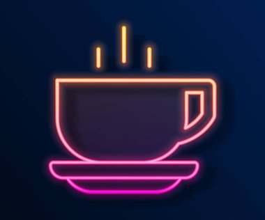 Parlayan neon hattı kahve fincanı simgesi siyah arka planda izole edilmiş. Çay fincanı. Sıcak içecek kahvesi. Vektör