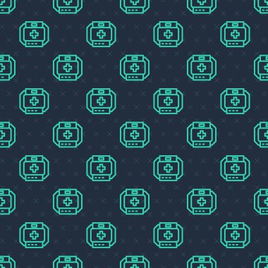 Yeşil çizgi ilk yardım seti simgesi mavi arkaplandaki kusursuz deseni izole etti. Haçlı sağlık kutusu. Acil durumlar için tıbbi ekipman. Sağlık sigortası konsepti. Vektör