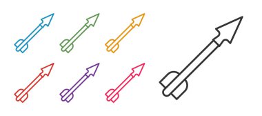 Beyaz arkaplanda izole edilmiş Ortaçağ ok simgesini ayarla. Ortaçağ silahı. Simgeleri renklendirin. Vektör