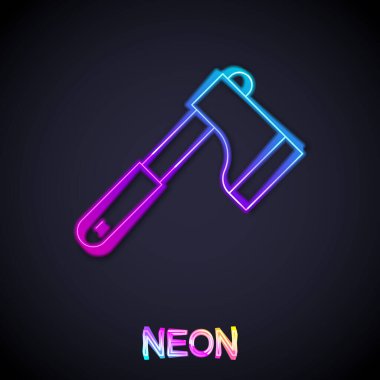 Parlayan neon hattı tahta balta ikonu siyah arkaplanda izole edildi. Oduncu baltası. Vektör