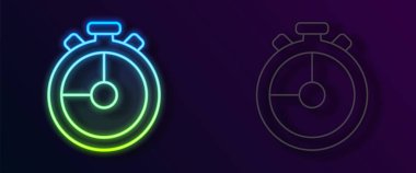 Parlayan neon hattı Stopwatch simgesi siyah arkaplanda izole edildi. Zaman göstergesi. Kronometre işareti. Vektör
