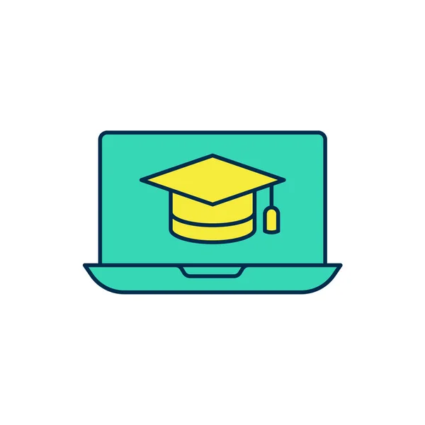 Filled Outline Graduation Cap Screen Laptop Icon Isolated White Background — 图库矢量图片